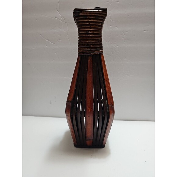 Stained Bamboo Wicker Work Vase 14" - Picture 1 of 6
